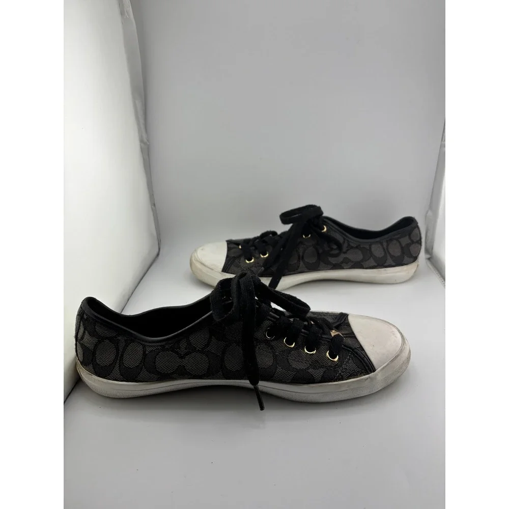 Coach Womens Signature Monogram Low Top Sneakers Black Grey Gold Size 11